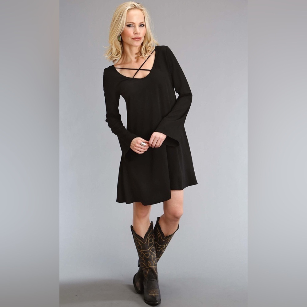 Black Lace Up Ruffle Bell Sleeve Mini Dress